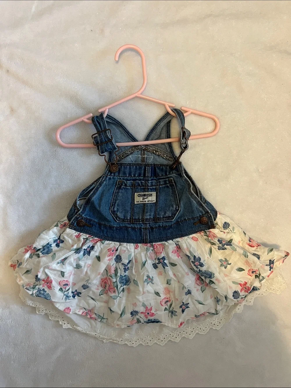 OshKosh B'gosh Denim Floral Skirt Overalls - Blue, White, Pink